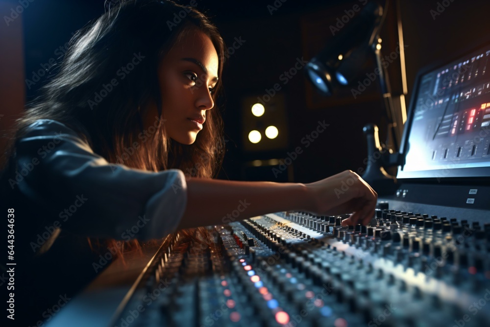 A woman working on a sound board in a recording studio A woman working on a sound board in a recording studio