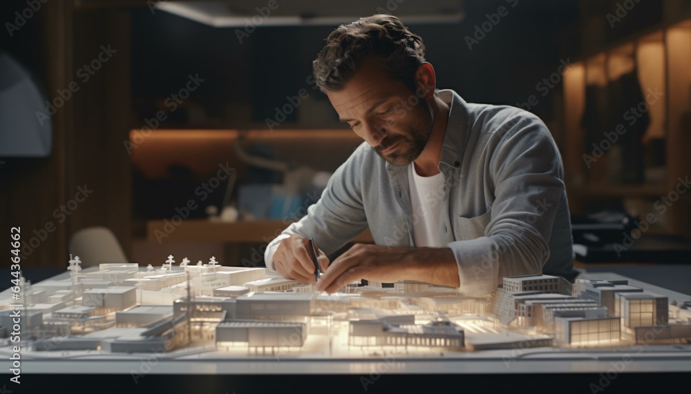 A man with a model city on a table - obrazy, fototapety, plakaty 