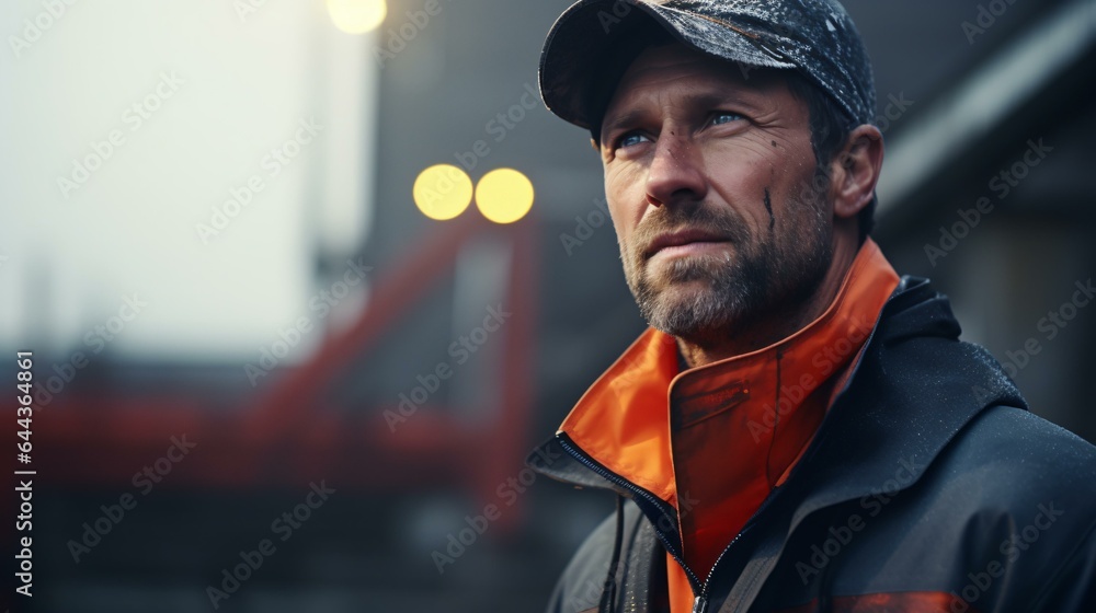A man in a vibrant orange and black jacket and hat A man in a vibrant orange and black jacket and hat