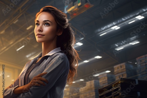 A confident woman in a warehouse with crossed arms