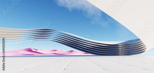 Fototapeta Naklejka Na Ścianę i Meble -  3d Render, Abstract Surreal pastel landscape background with Architecture modern building and geometric arches, Colorful dune scene with copy space, blue sky and cloudy, Minimalist decor design