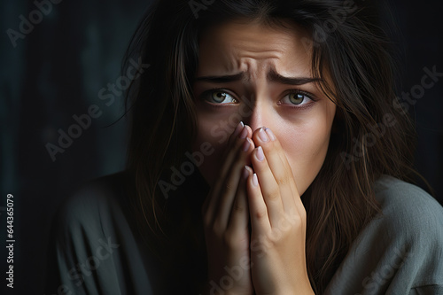 Emotionally Overwhelmed Woman in Deep Despair, Clasping Her Hands and Shedding Tears, Battling Life's Challenges, Depression, and Mental Health Struggles. created with Generative AI