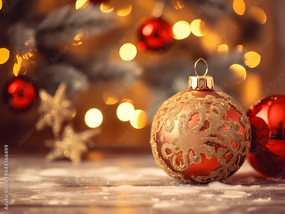 Obraz premium New year background decorations background with christmas balls and snow. Copy space new year background. Ai Generative