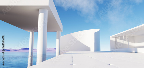 3d Render, Abstract Surreal pastel landscape background with Architecture modern building and geometric arches, Colorful dune scene with copy space, blue sky and cloudy, Minimalist decor design