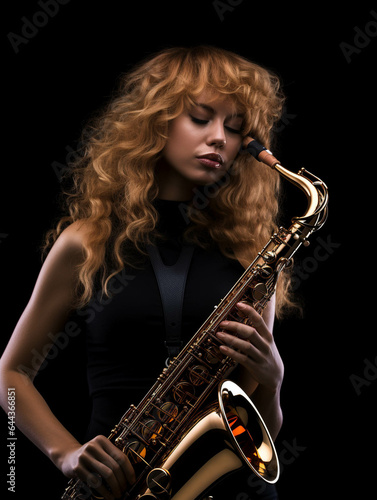 Partying woman portrait with saxophone concert style. Isolated black background. Generative AI.