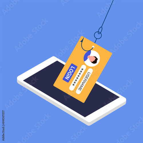 Internet fraud concept vector. Hacker attacking smartphone stolen password and username information. Criminal steal private data.