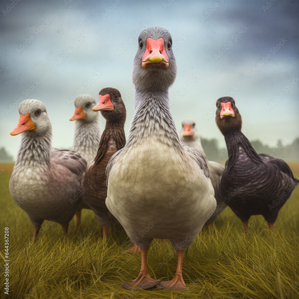 group of geese in the meadow, vintage photo effect.