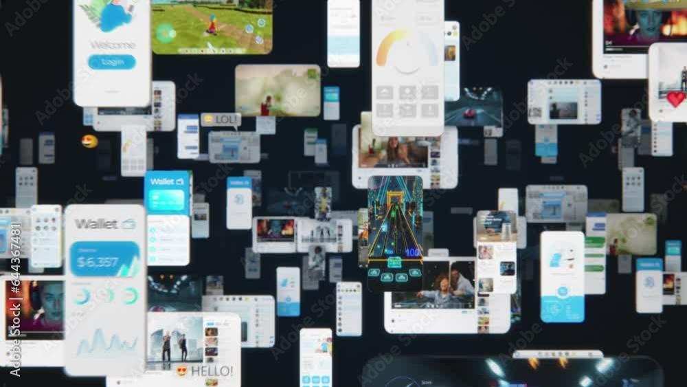 Social Network Concept with Blockchain Architecture Visualization of a Metaverse Big Data with Viral Videos, Advertising, Social Media Profiles with Influencers, Online Art and Internet Communities