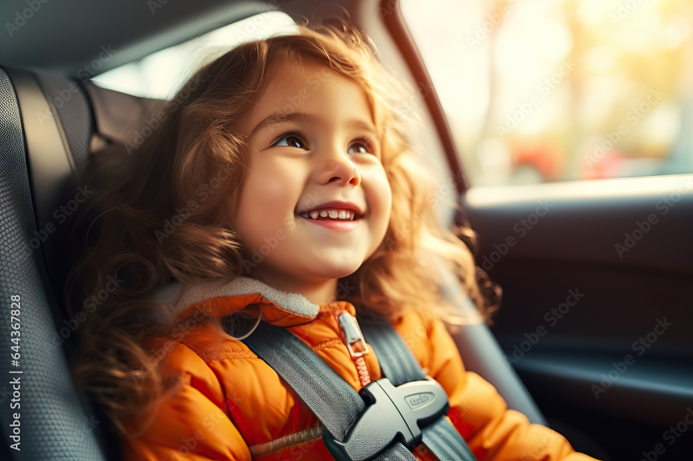 Safe and Happy Travels Smiling Girl Secured in Child Car Seat with
