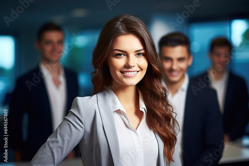 Confident Business Team Proudly Poses with Their Female Leader in a Professional Office Setting created with Generative AI