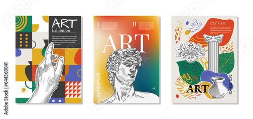 Set of 3 posters for the exhibition,  magazine or cover, vector template with sculpture art, Antique statues, geometric background. Modern ancient Greek or Roman style. Neo Nostalgia banner collection