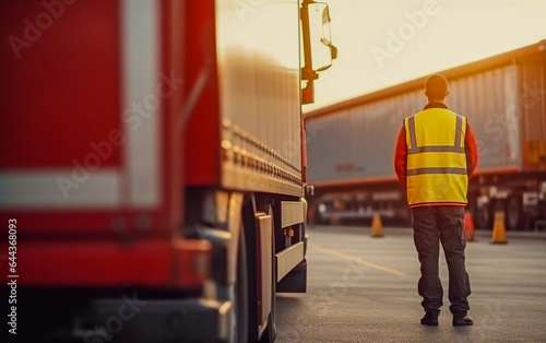 A truck driver walks through the parking lot of the warehouse, seen from the rear