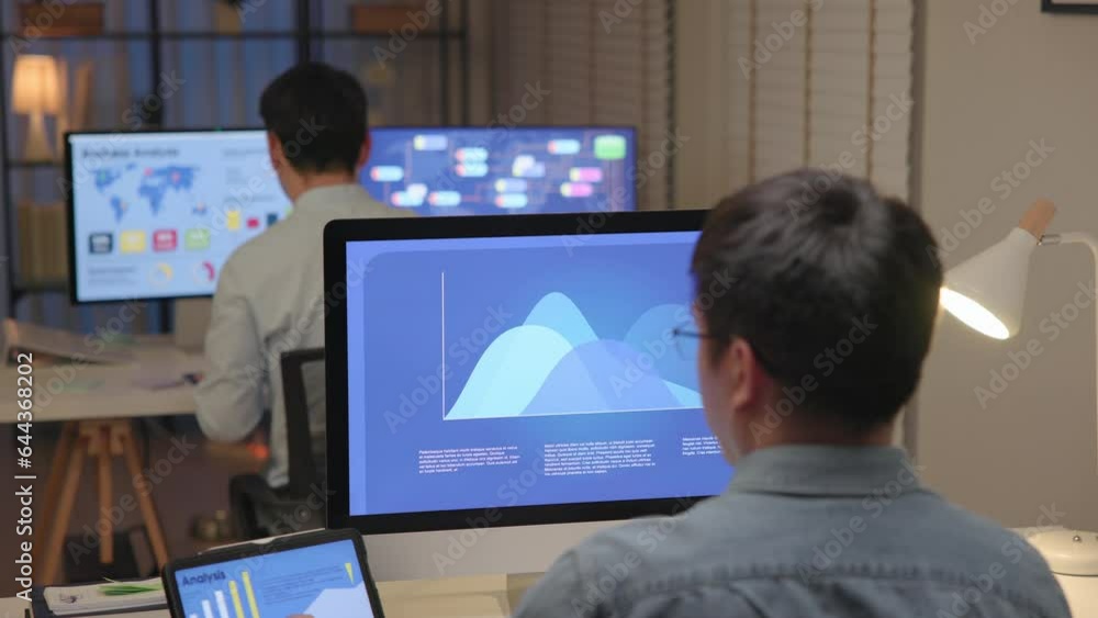 Asia people expert man tech talent night working late on predict sales insight SEO graph chart AI smart plan visual big data science report center BI tools screen. Office worker asian analyst job. Asia people expert man tech talent night working late on predict sales insight SEO graph chart AI smart plan visual big data science report center BI tools screen. Office worker asian analyst job.
