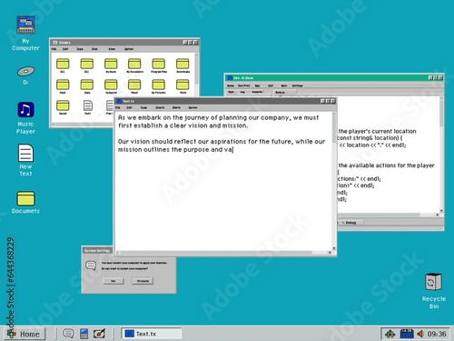 Nineties Operating System Template for Playback with Text Editor Software. Computer User Writing a Marketing Copy in a Window on 1024x768 Resolution Screen with 4:3 Aspect Ratio photo