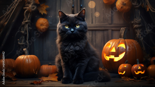Black cat sitting in front of Halloween pumpkins. Halloween background.