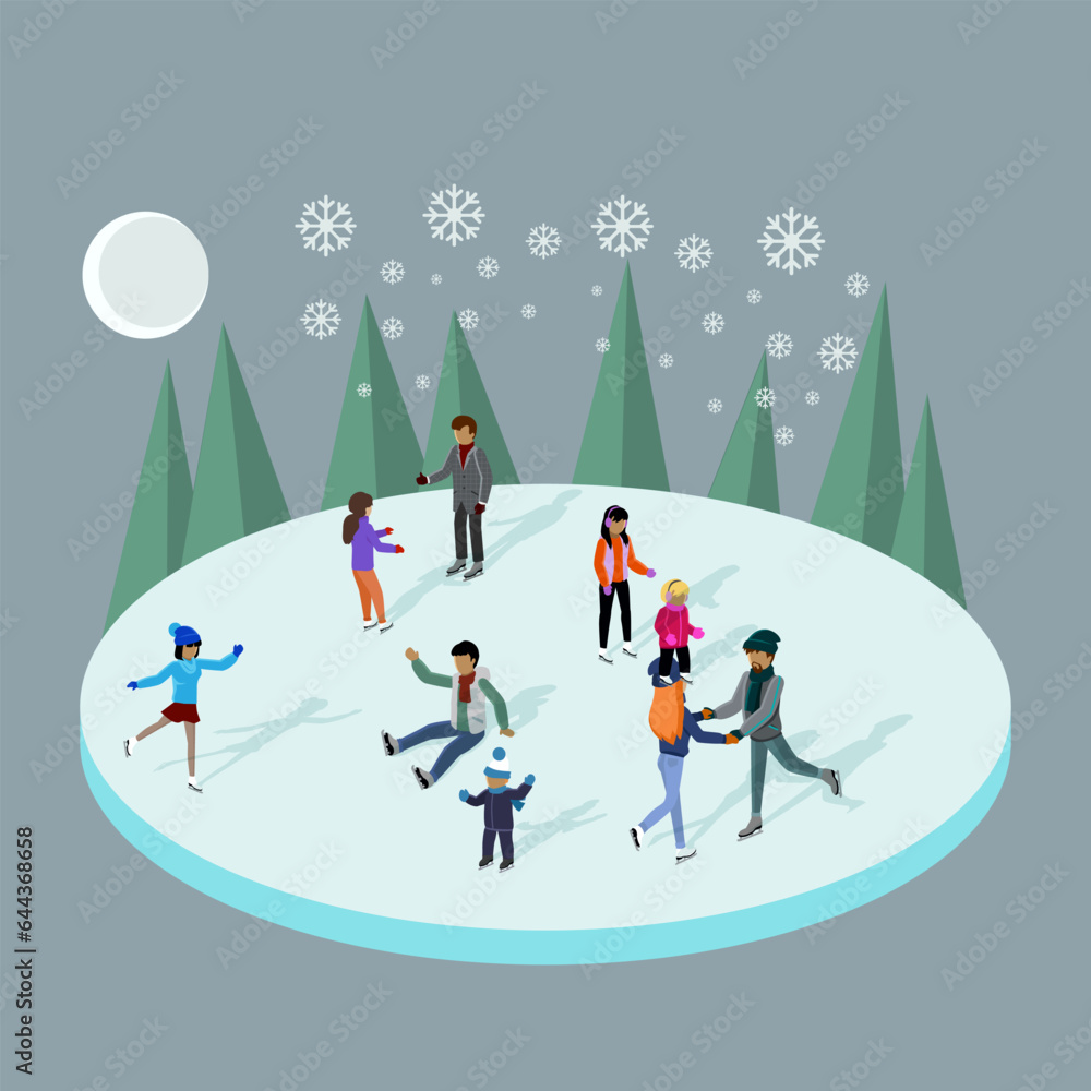 Winter ice staking rink sports young happy people family activity. Mom dad son boy girl skaters fir tree. Friends at ice-skating outdoor rink merry christmas new year winter holidays concept
