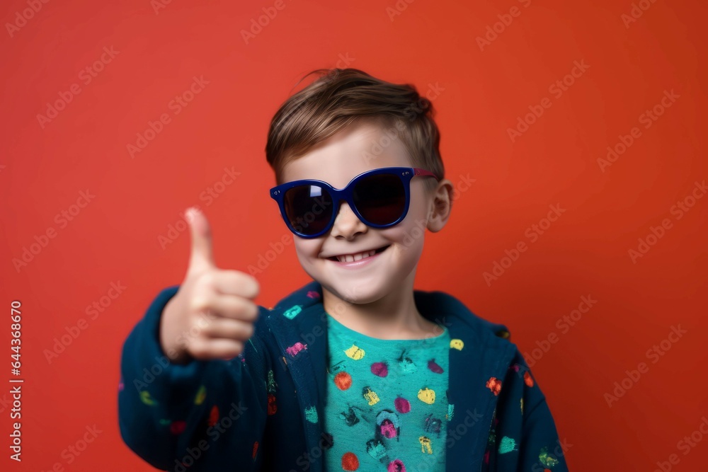 Boy sunglasses thumb up red background . Generate Ai Boy sunglasses thumb up red background . Generate Ai