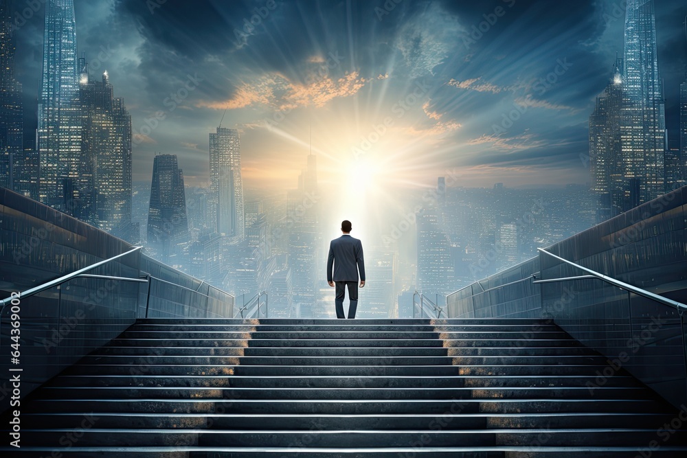 Back view of businessman walking up stairs on city background. Career and success concept