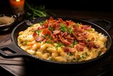 Traditional German dish of hearty spaetzle with cheese sauce and South Tyrolean bacon served in an iron frying pan. Generative AI