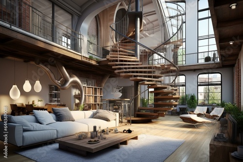 3D visualization of a converted loft with spiral stairs and living room. Generative AI
