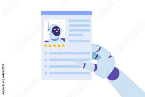 Robot hand holds CV, resume. Robot replace people at work  concept. Vector illustrations.
