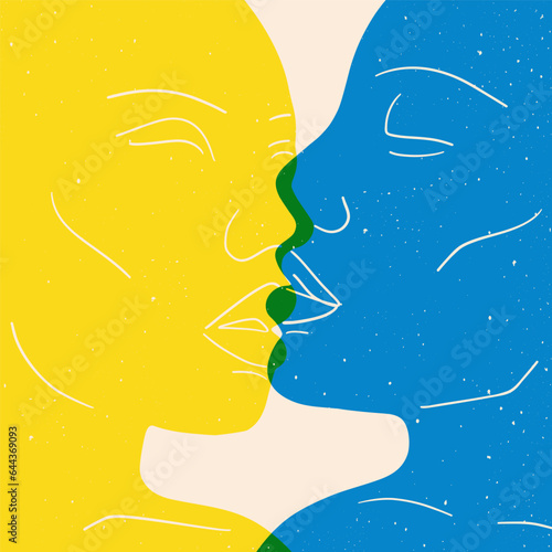 Abstract poster with kissing couple riso effect. Woman man portrait modern lino print style. Vector flat illustration