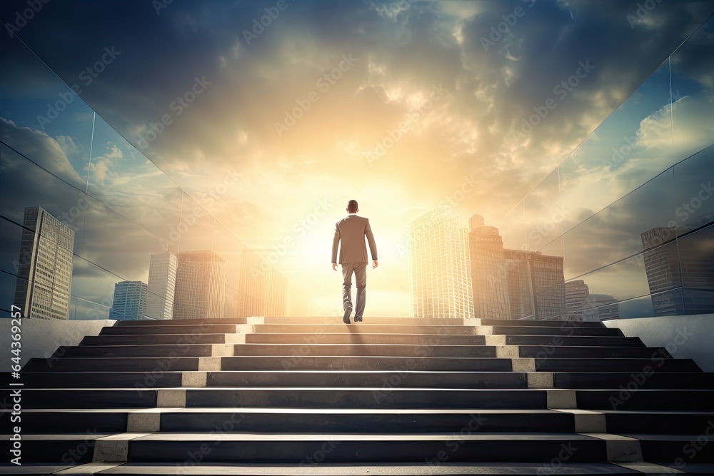 Back view of businessman walking up stairs on city background. Career and success concept Back view of businessman walking up stairs on city background. Career and success concept