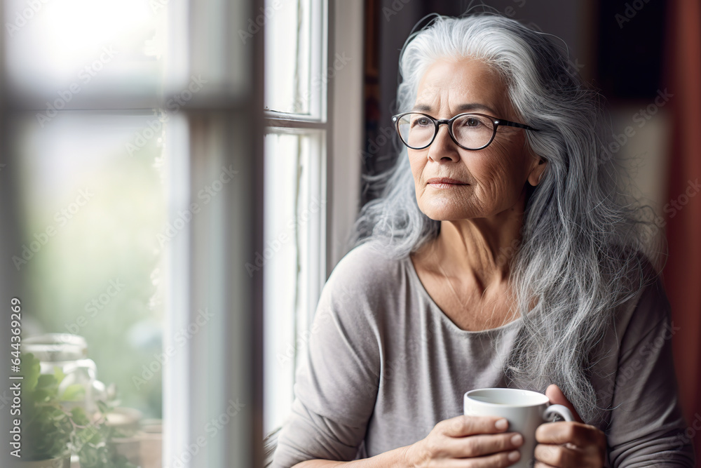 Pensive retired woman in her 70, at home. Generative AI Pensive retired woman in her 70, at home. Generative AI