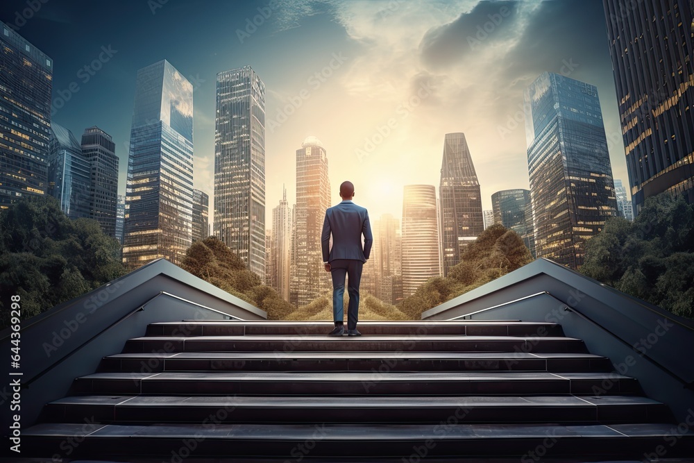 Back view of businessman walking up stairs on city background. Career and success concept Back view of businessman walking up stairs on city background. Career and success concept