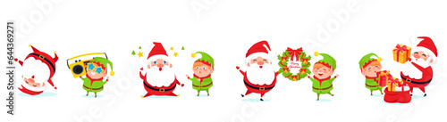 Santa Claus big Christmas and New Year set. Set of funny cartoon Santa with different emotions and situations. Happy old man give prezents. Santa with elf. Christmas scenes for your festive design © robu_s