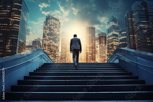 Back view of businessman walking up stairs on city background. Career and success concept