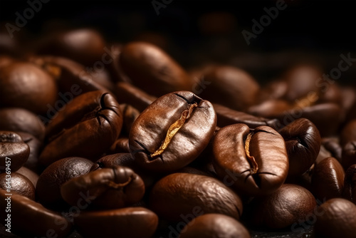 Overhead view of backdrop representing halves of dark brown coffee beans with pleasant scent.