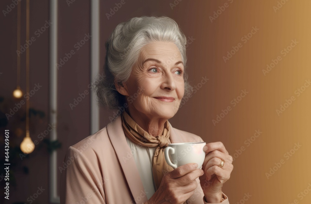Senior woman happy morning coffee. Generate Ai Senior woman happy morning coffee. Generate Ai