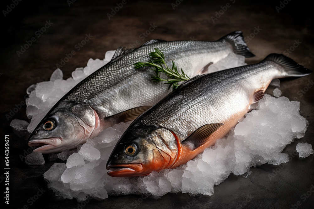 Top View Of Two Fresh Salmon And Sea Bass On Ice - Generative AI Top View Of Two Fresh Salmon And Sea Bass On Ice - Generative AI