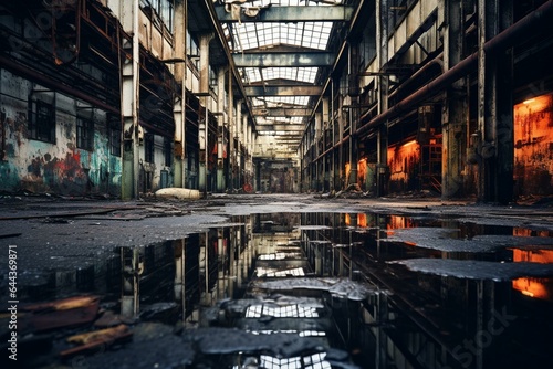 Desolate urban landscape inside abandoned factory with decaying walls. Generative AI © Amelia