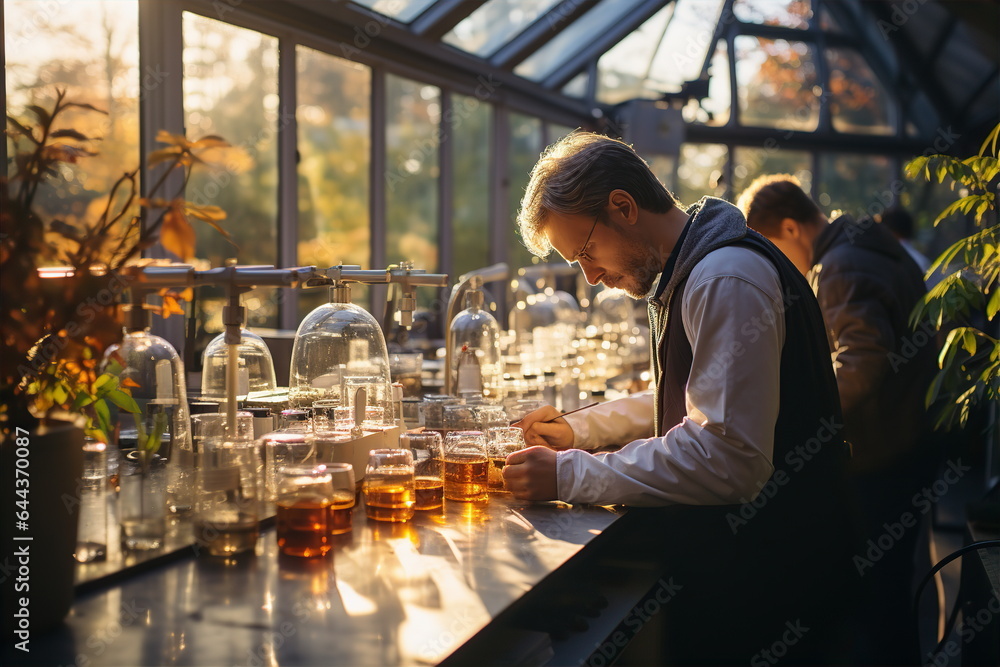 Man with alcohol addiction drinking lot of beer from glasses in bar. Treatment of alcoholism and depression concept. AI generated