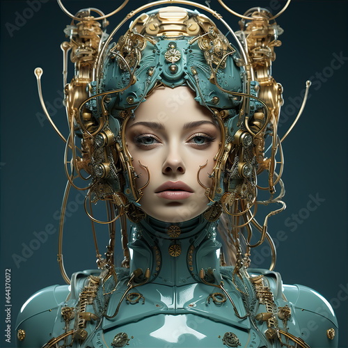 Young beautiful woman robot in green cyber suit. Future and modern technology concept. AI generated