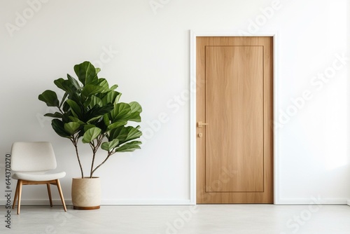 Minimalist wooden door  pristine white space  lush green indoor plants. Scandinavian-inspired decor. Generative AI