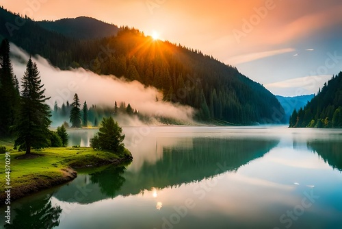 beautiful morning view of sunrise over the lake generated by ai