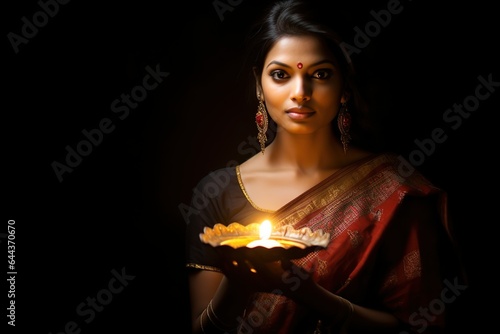 Indian woman in traditional indian dress holding diya Lamps lantern Diwali celebration concept 