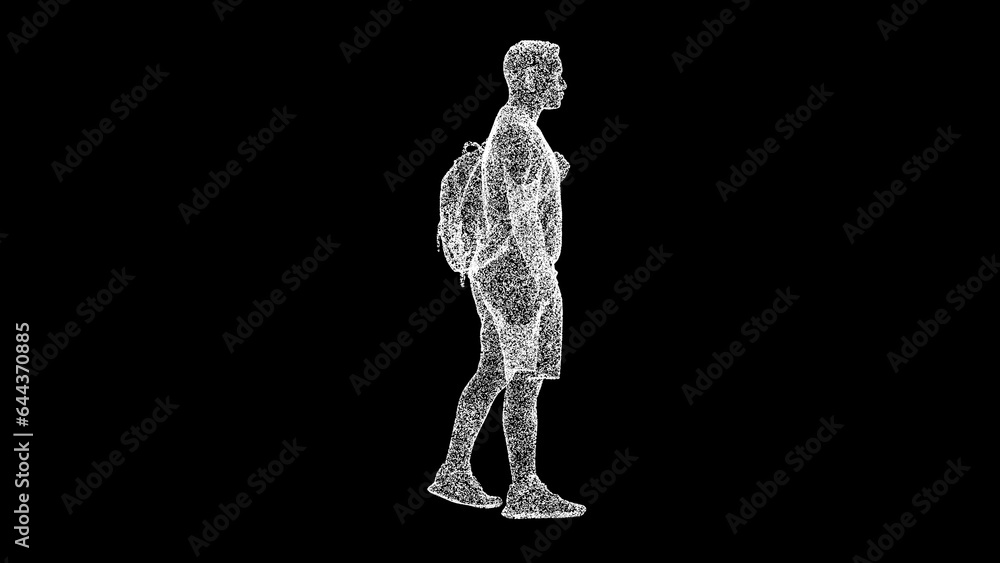 3D man with a backpack on black background. Leisure and Travel concept ...