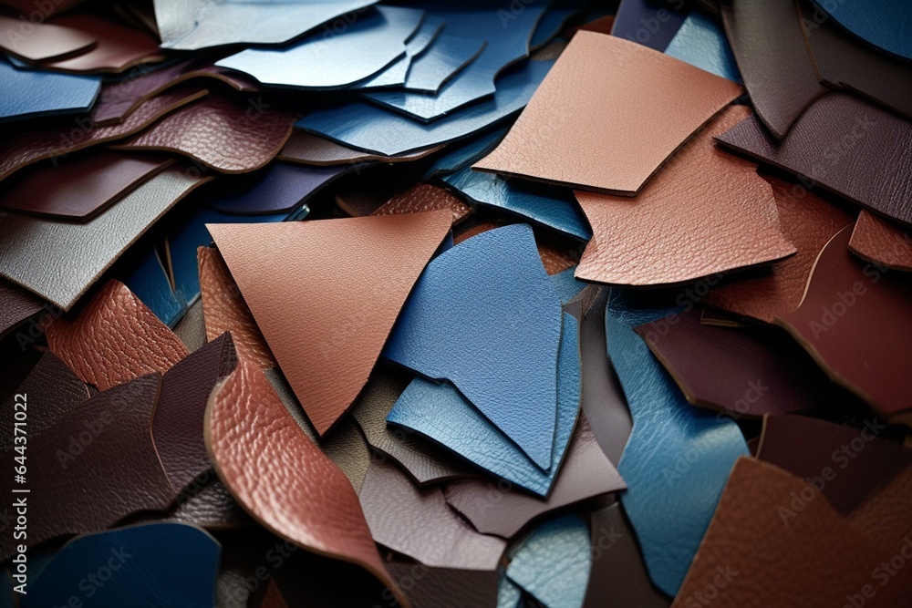 Recycled synthetic leather fragments for sustainable waste management. Generative AI - obrazy, fototapety, plakaty 
