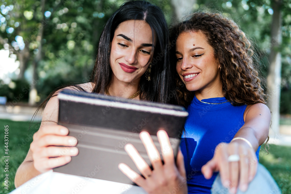 Smiling girlfriends using tablet PC together in park