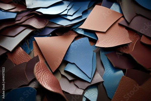 Recycled synthetic leather fragments for sustainable waste management. Generative AI