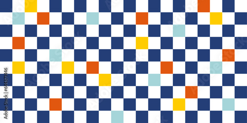 A checkerboard pattern of blue checks, with occasional splashes of other colors. Stylish seamless and vector checkered pattern canvas.