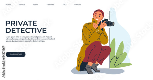 Private detective character looking through camera from bush, spying, monitoring and searching inspector on observation landing page template, spy taking photos, girl snooping, observing on mission