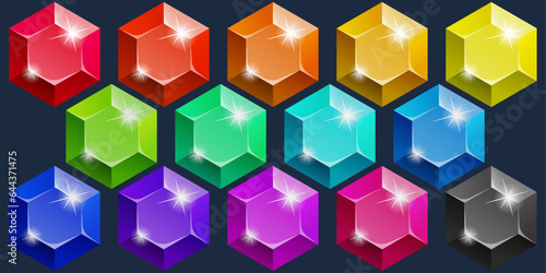 A set of hexagonal gems. All colors including black gem. Set is a selection of bright shiny gems.