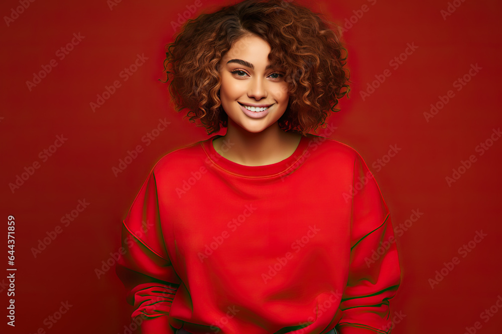 Young Woman Showcasing Red Sweatshirt Mockup Against a Striking Red Background created with Generative AI Young Woman Showcasing Red Sweatshirt Mockup Against a Striking Red Background created with Generative AI