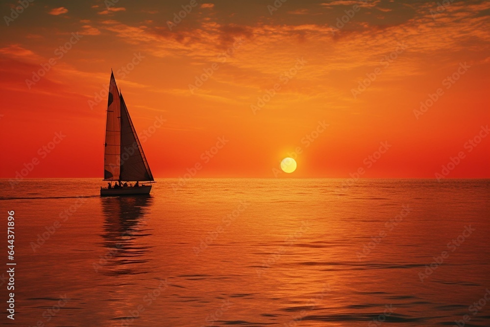 Sailboats gracefully sail towards the rising sun on the horizon. Generative AI
