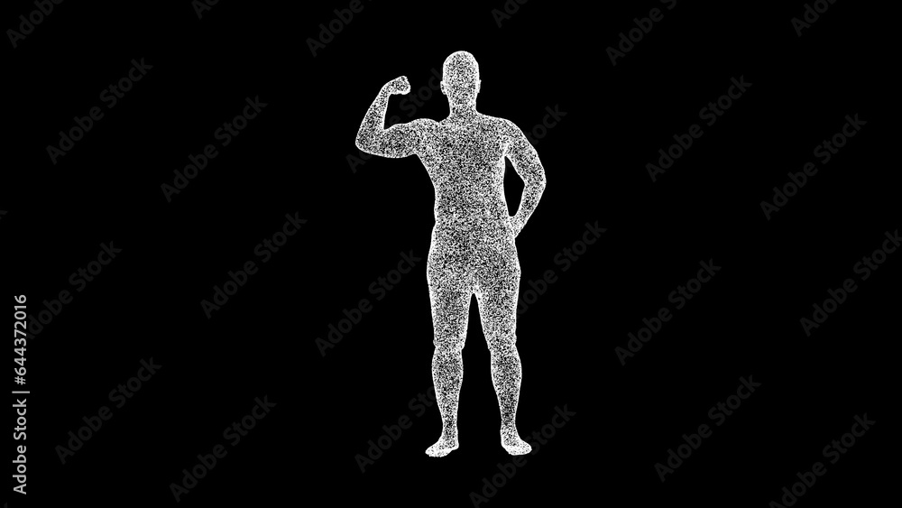 3D Bodybuilder demonstrates biceps on black background. Sports and Competitions concept. Strength training. Business advertising backdrop. For title, text, presentation. 3d animation. 3D Bodybuilder demonstrates biceps on black background. Sports and Competitions concept. Strength training. Business advertising backdrop. For title, text, presentation. 3d animation.